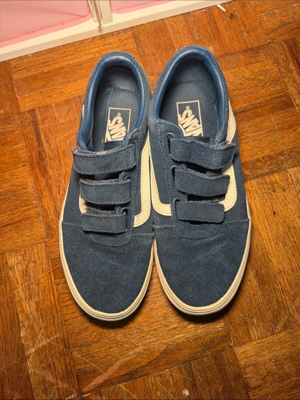 Vans Navy Suede Velcro Sneakers with Cream Side Stripe
